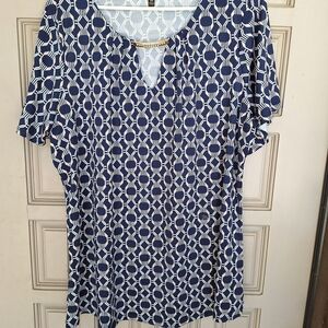 Always Indigo Blouse Plus Sz2X Geometric Print Short Sleeve Metal Embellishment